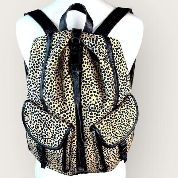 Aimee Kestenberg Nylon Leather Zip Up Backpack Shoulder Bag Beige Black Cheetah - Picture 1 of 11